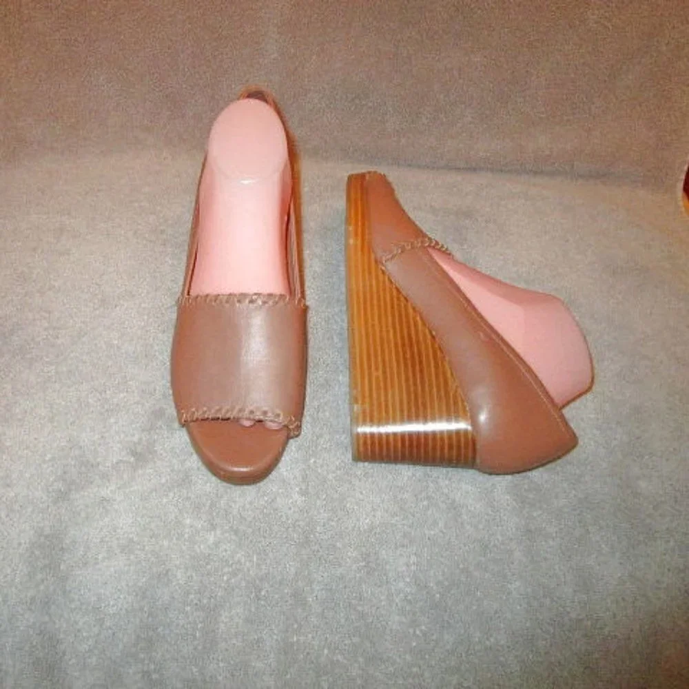 Jack Rogers Palmer Stacked Wedge Sandals Womens Size 10 Whipstitched Leather